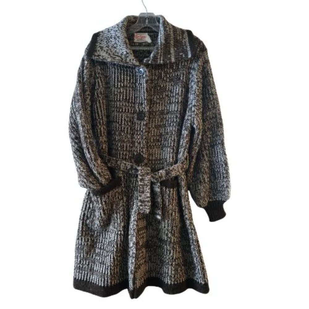 Vintage 1970's Kari Lynn Belted Brown Grey Shaker Knit Midi Belted Cardigan XL/1